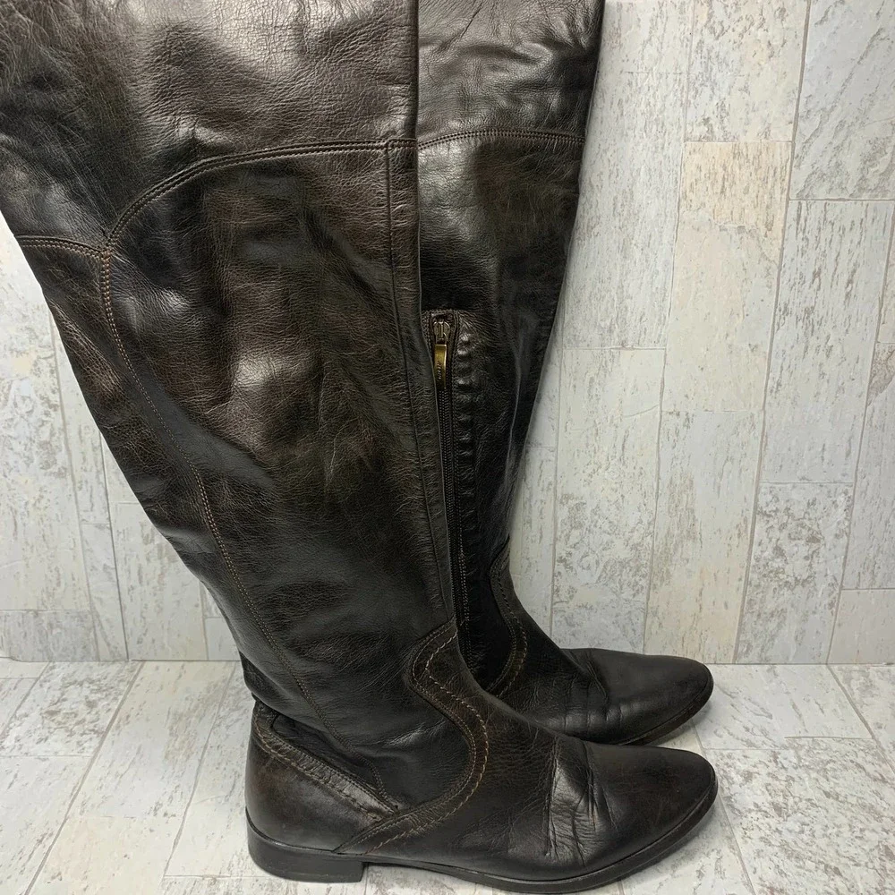 Mally Tall Riding Boots Women Size 41 Brown Leather Closed Toe Low Heel Side Zip
